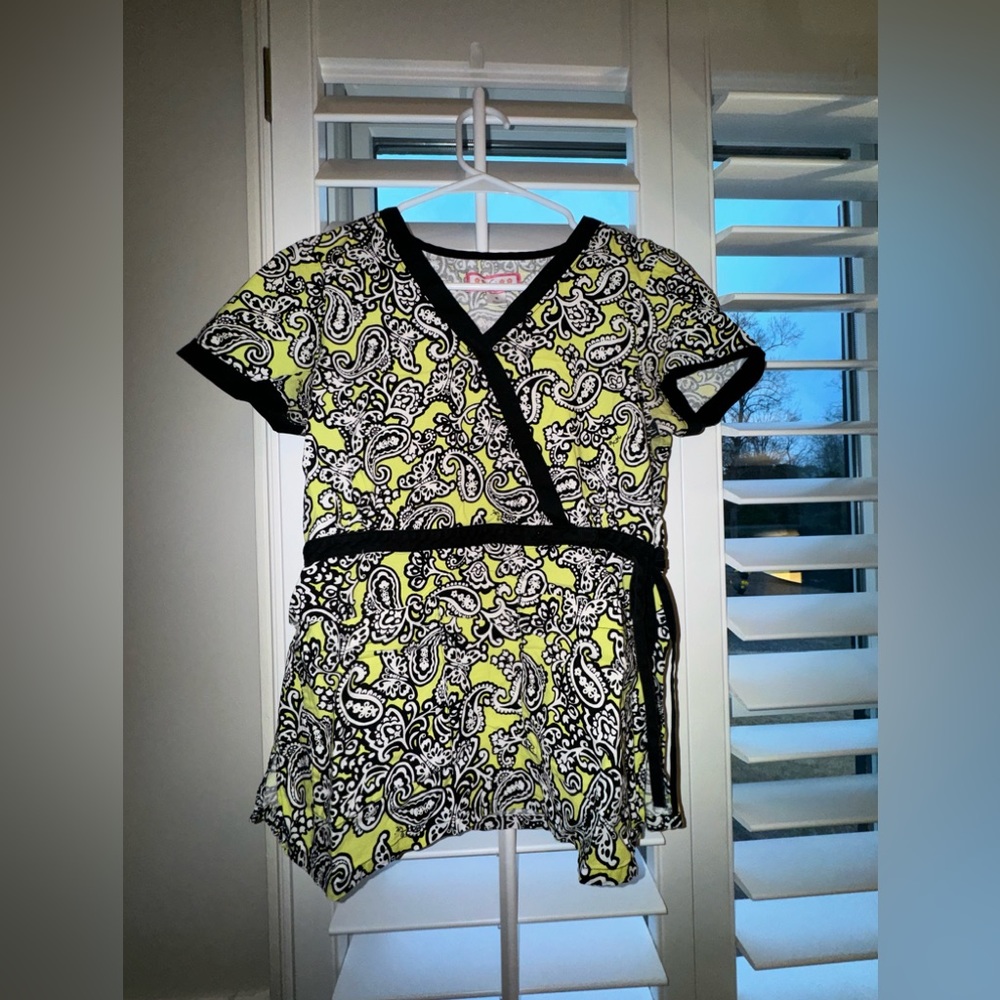 Koi Green and Black Asymmetrical Wrap Blouse Short Sleeve